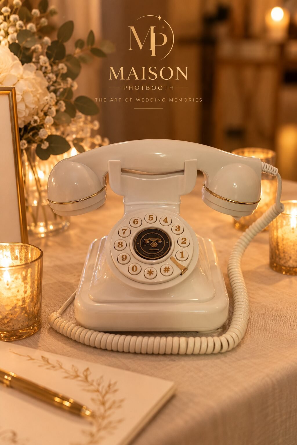 Teléfono vintage de libro de firmas en una boda