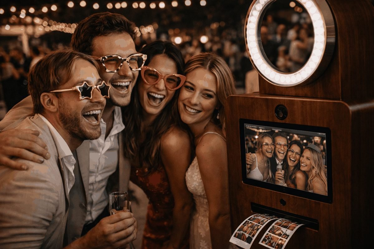 Invitados divirtiéndose con fotomatón premium en boda elegante